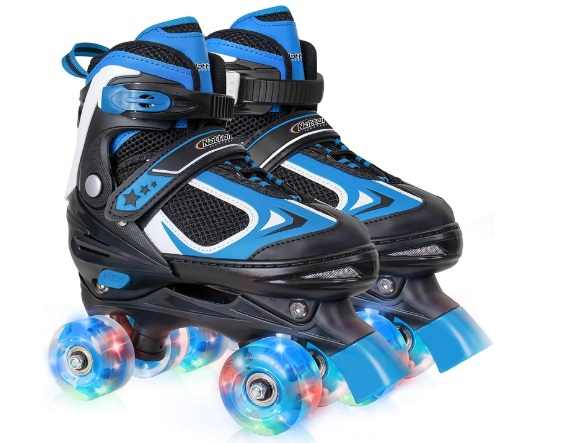 Nattork Girls Roller Skates for Kids, 4 Size Adjustable Rainbow Quad Skates with All Light Up Wheels - Best Birthday Gift for Outdoor Sports